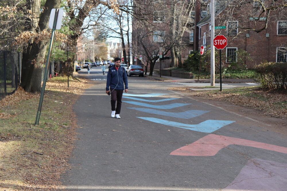 Geometric pattern that Craig painted in front of the Yale School of Management on the corner of Pearl and Lincoln Street.