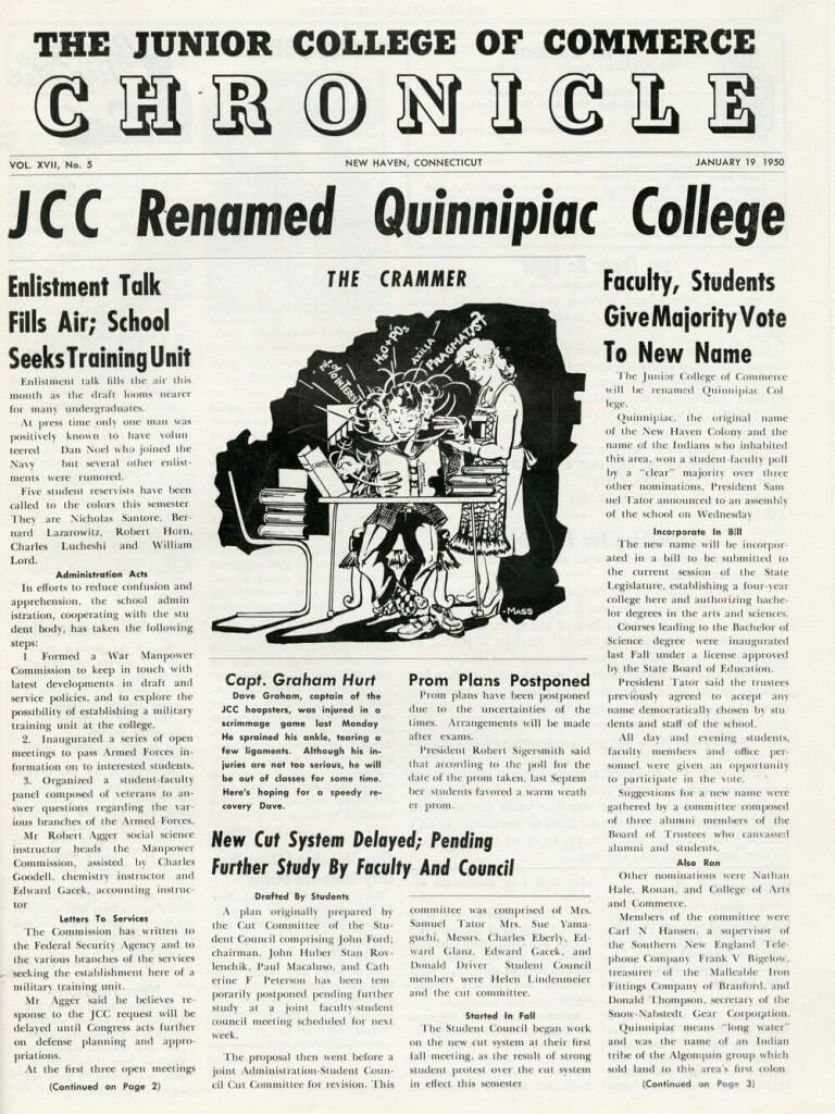 1950 Chronicle article reporting on the changing of JCC to “Quinnipiac College.” Courtsey of Bob Young, QU Libraries.