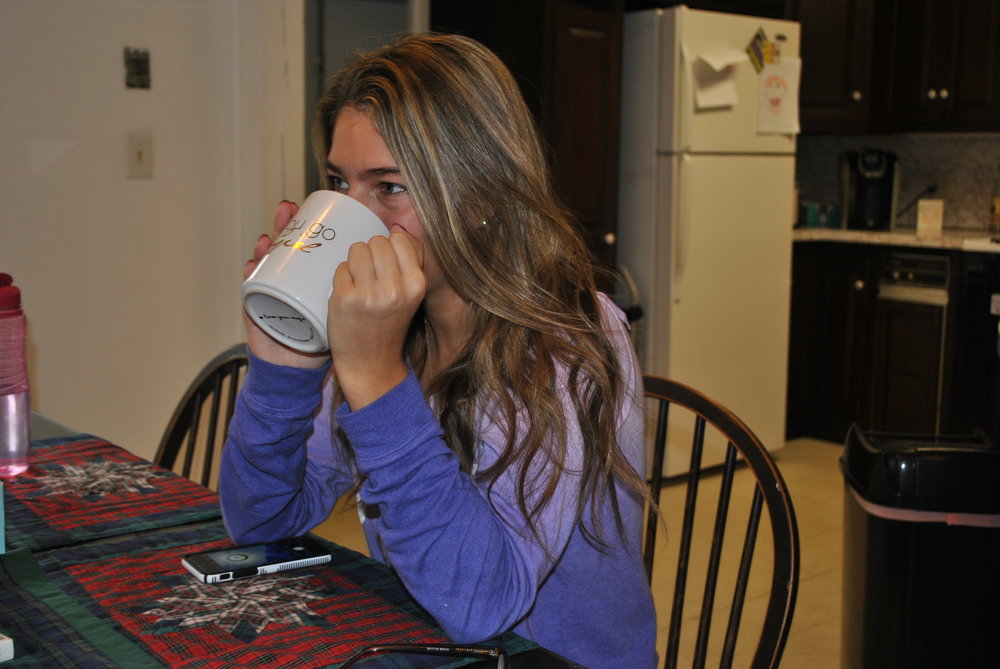 Sam Masetti drinking coffee as she described almost missing her final exam.