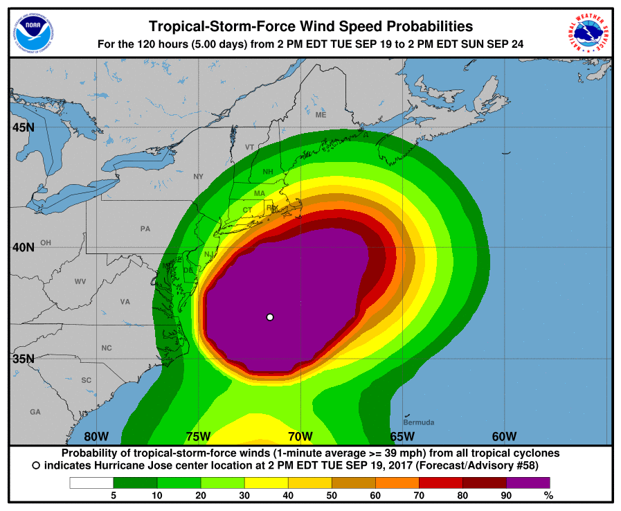 Tropical Storm wind projections, showing up to 30MPH winds expected to hit New Haven county over the next few days, according to the National Hurricane Center.