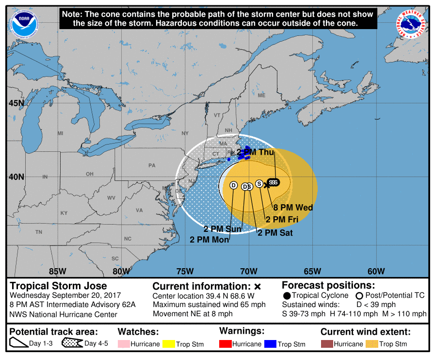 A projected path of Hurricane Jose, expected to hit Massachusetts as a tropical storm, from the National Hurricane Center.