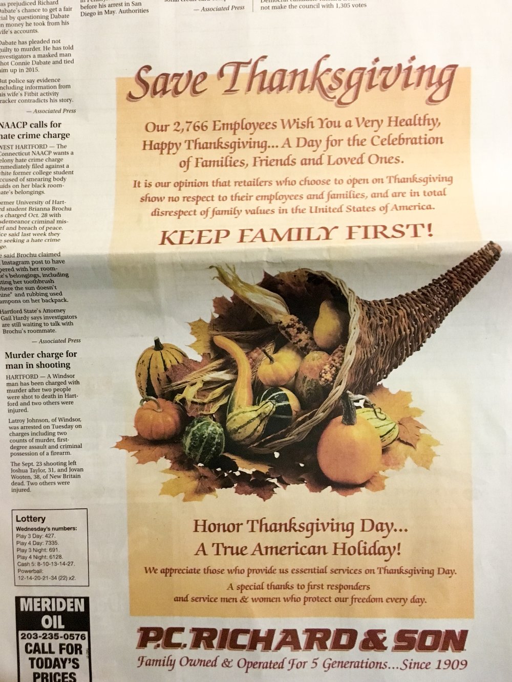 A P.C. Richard &amp; Son advertisement from this past Thanksgiving in the Meriden Record Journal. Photo by Lindsay Pytel.