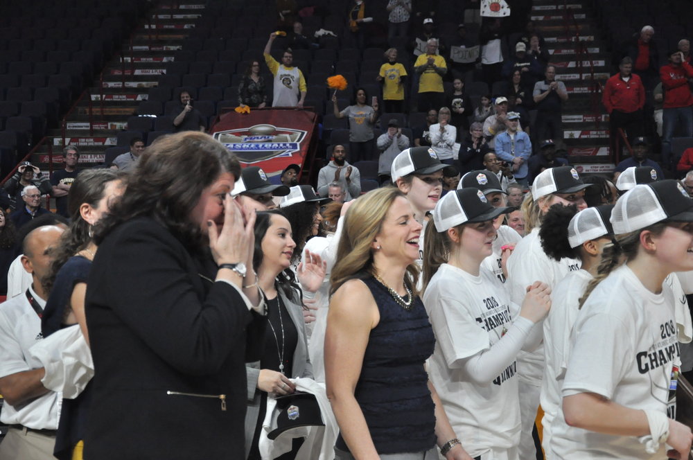 Fabbri (left) was emotional after the 2018 MAAC Championship Game.  Photo by Logan Reardon