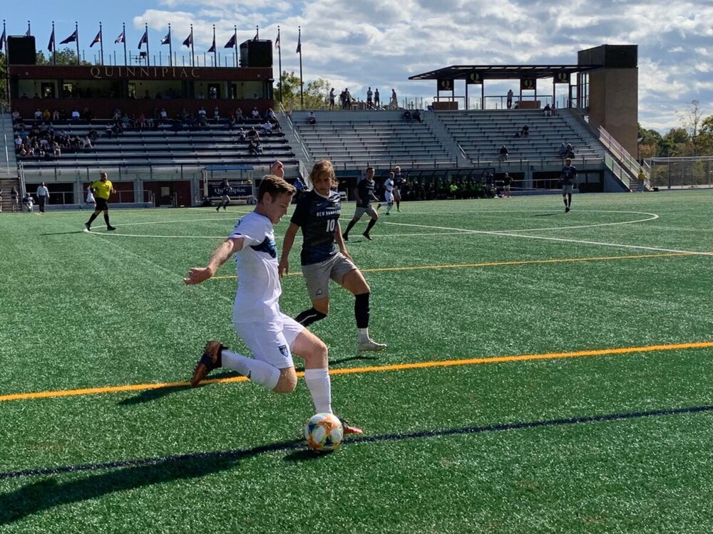 Quinnipiac sophomore defender Jordon Bennett kicks the ball up the field. Bennett comes from Central Coast, Australia. He is the only non-European international player on the team.