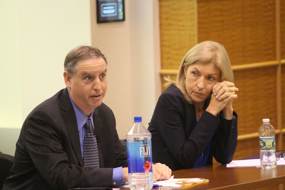 Dr. Douglas Schwartz and Mary Snow speaking to Quinnipiac students.