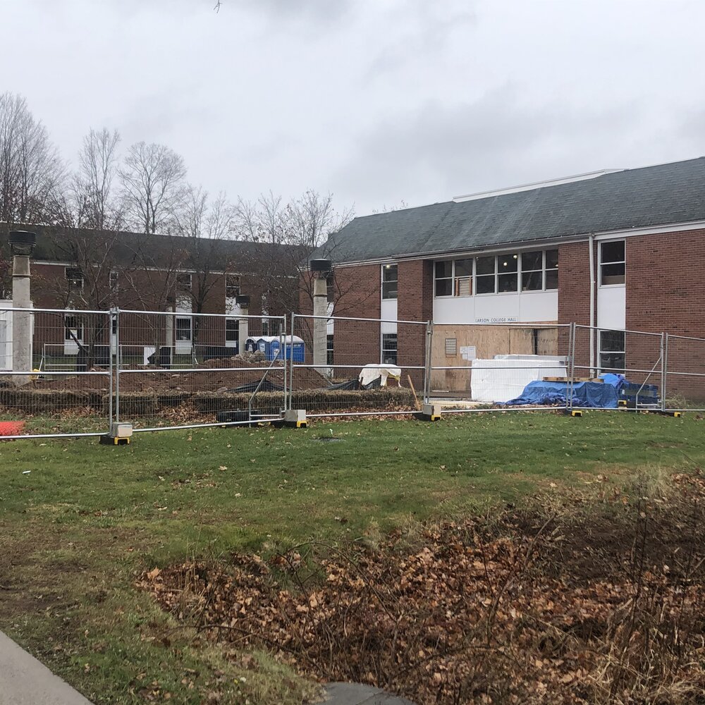 The backside of the condemned dorms, showing how much of the campus has been blocked off due to the asbestos. Photo credit: Cam Silver.