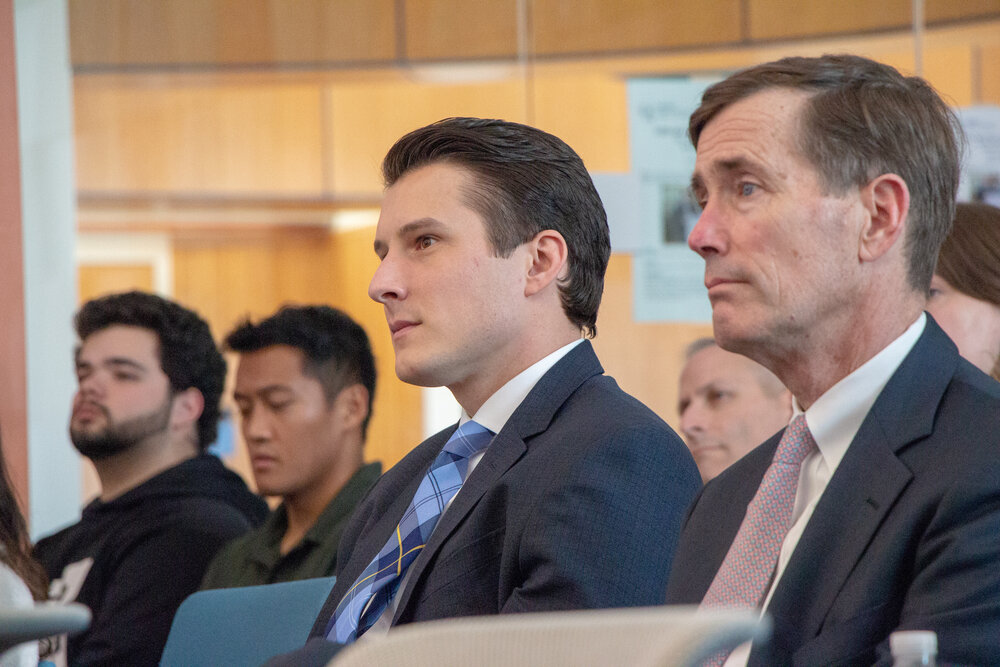 Tengel's audience consisted of Quinnipiac students, investors and bankers. Quinnipiac's Fred McKinney, director of People's United Center for Innovation and Entrepreneurship, hosted the event in the School of Business. Photo credit: Peter O’Neill