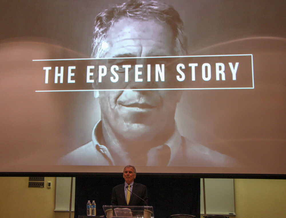 Tim Malloy spoke on Epstein, having just played news clips on the story. He then answered questions from Quinnipiac students and faculty.