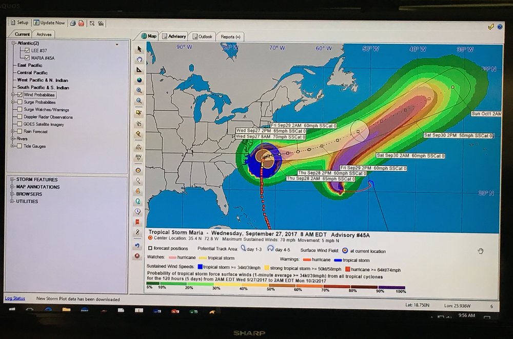 Map of Hurricane Maria on the monitor in the New Haven EOC