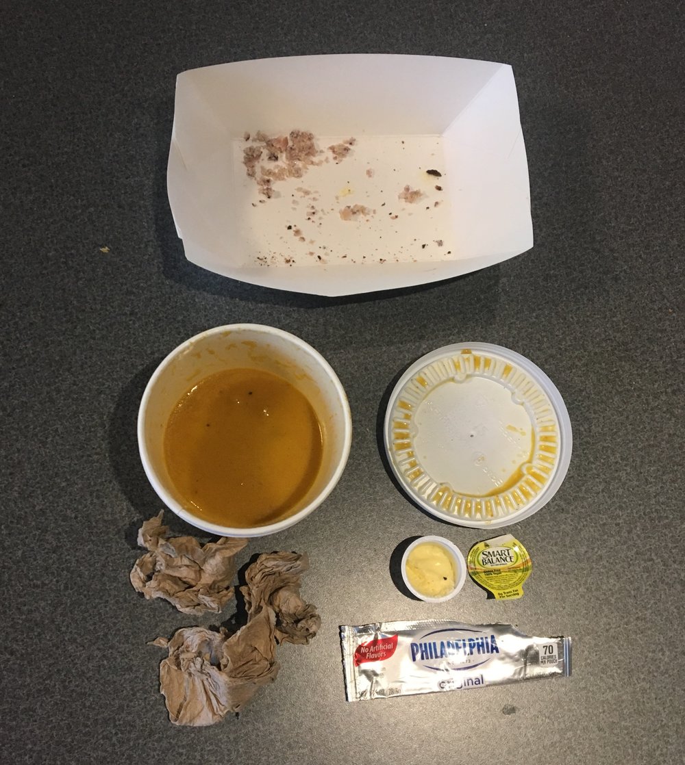 This is an example of two people’s waste from just a quick snack in the café. Multiply this by 7,361 undergraduate students, and those living on campus eat at least three meals per day.