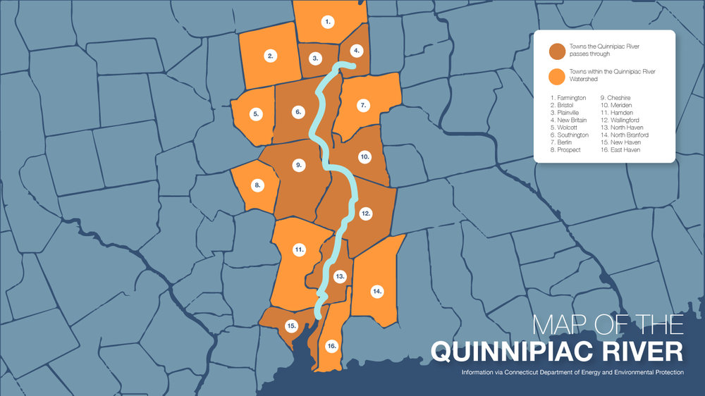 The Quinnipiac River, which begins in New Britain and ends in New Haven, is 38 miles long and travels through 14 municipalities.