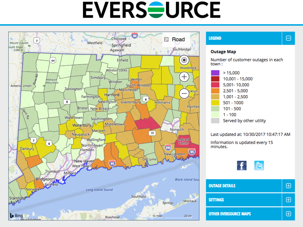 A map showing the number of Eversource Energy customers in Connecticut without power as of 10:47 a.m. Monday.&nbsp;