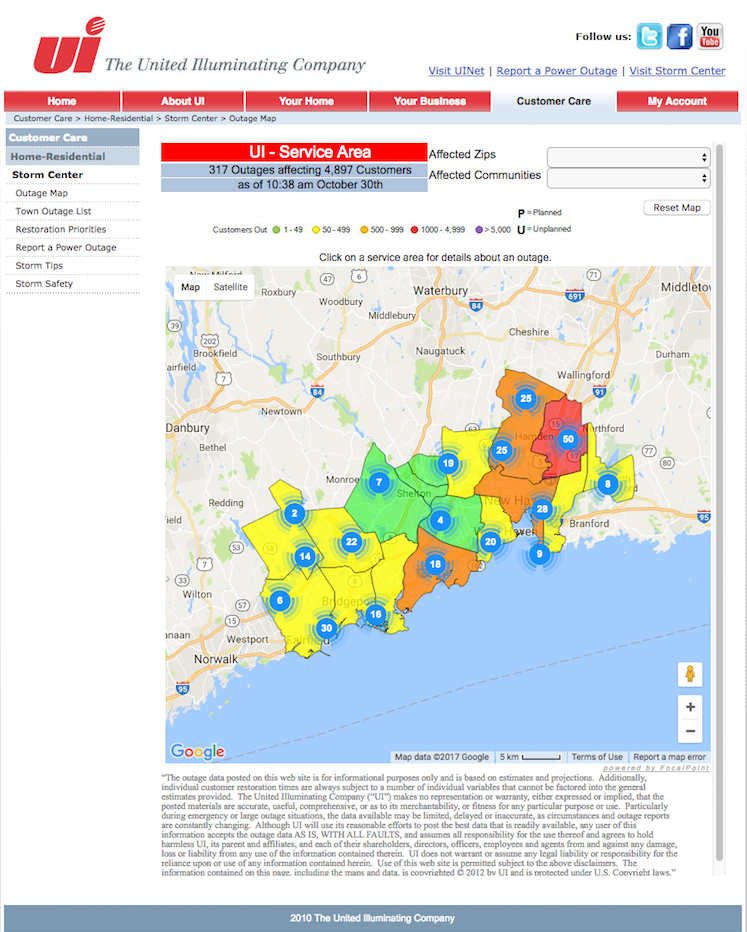 A map showing the number of United Illuminating customers in Connecticut without power as of 10:38 a.m. Monday.&nbsp;