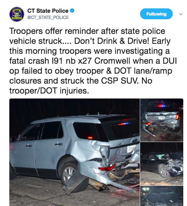 Connecticut State Police tweet photos of police cruiser hit by drunk driver