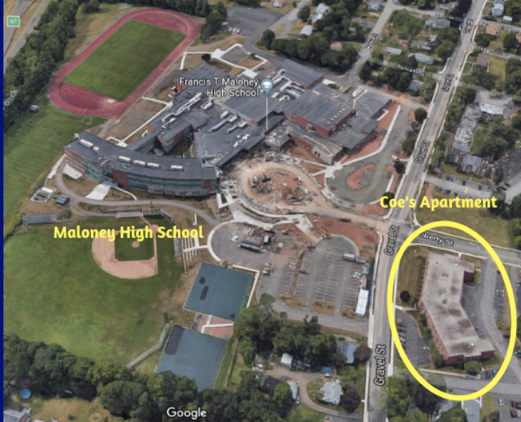 Coe lives in an apartment complex right across the street from a high school in Meriden. Source: Google Earth. Graphic by Ryan Ansel