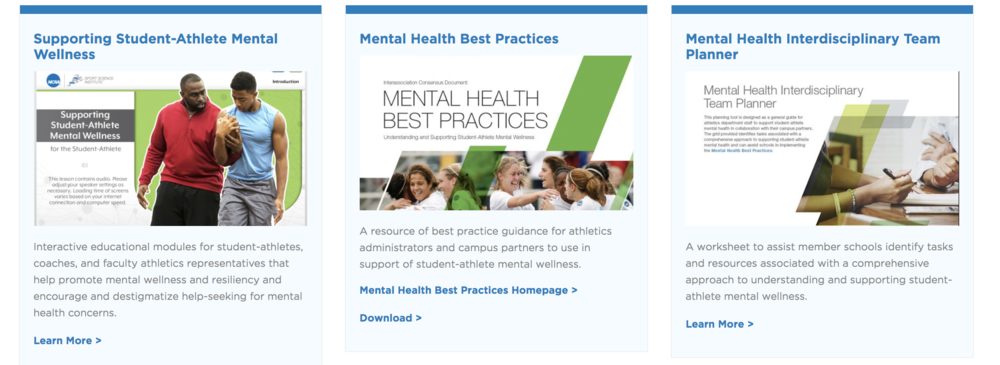 Screenshot of the NCAA website and some of the resources offered to NCAA athletes.