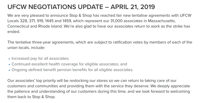 Stop &amp; Shops official update located on its  labor page.