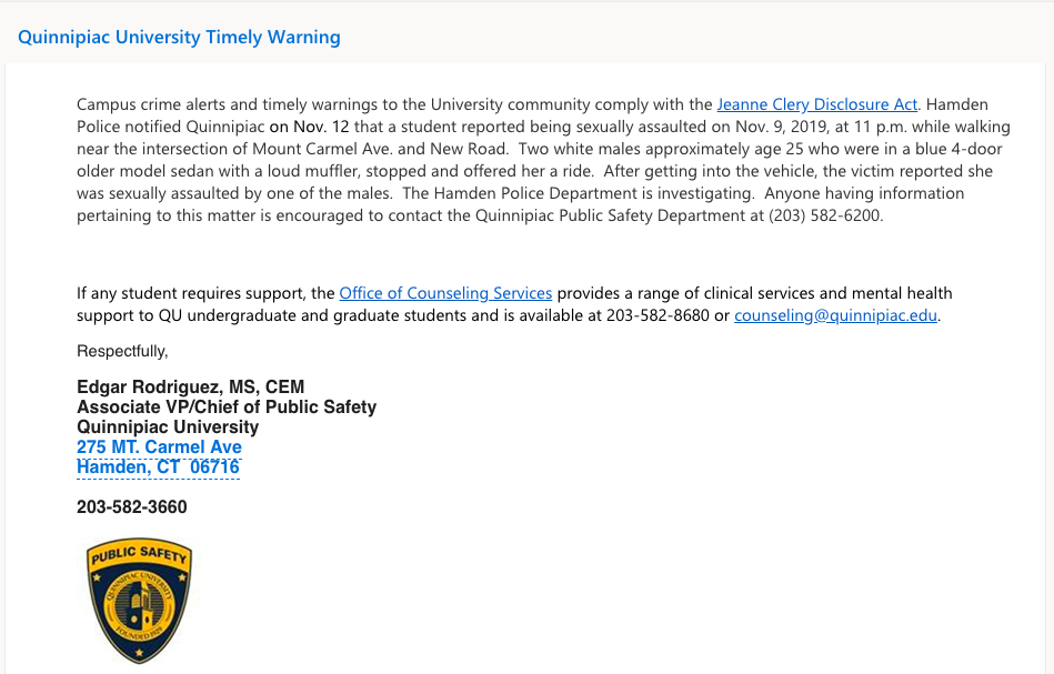 Edgar Rodriguez sent this email to the Quinnipiac University community