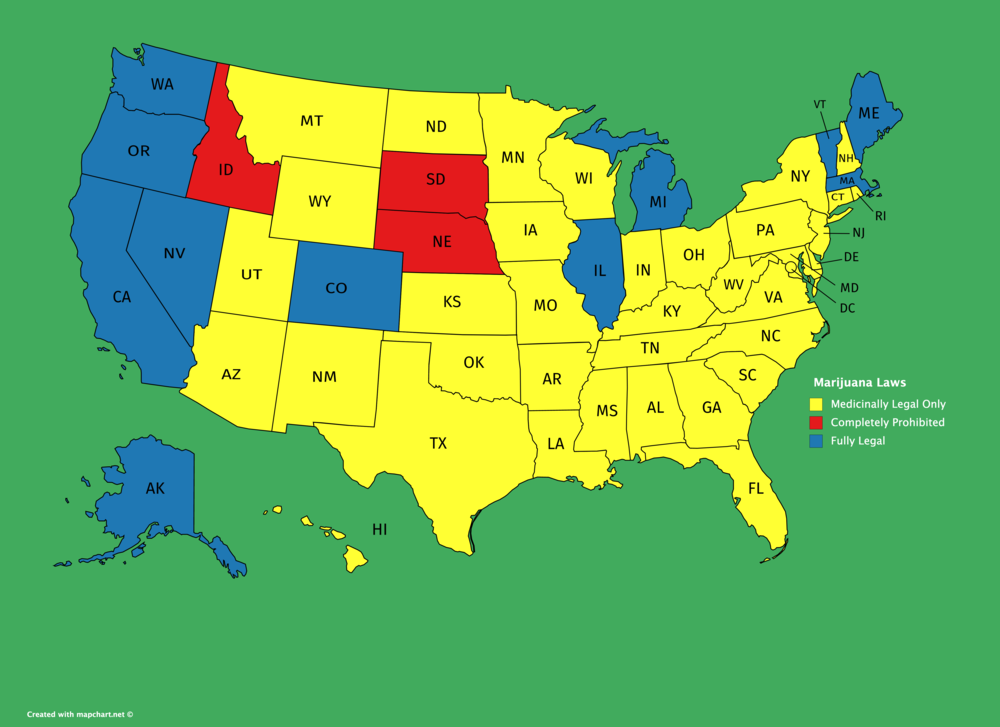 Map showing different marijuana laws of each state. Marijuana use is fully legal in 11 states, only medicinally legal in 36 states, and completely prohibited in just three states (Idaho, Nebraska, and South Dakota).