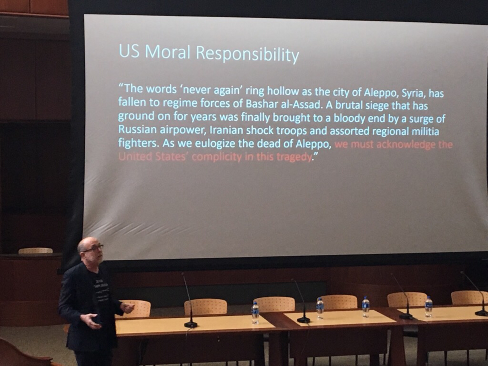 Quinnipiac law and medicine professor W. John Thomas explaining the US's moral responsibilities.