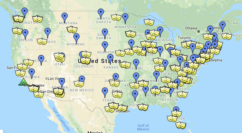 A map of the amount of Improv theaters across the United States.  Source:  https://www.google.com/maps/d/viewer?f=q&amp;geocode&amp;ie=UTF8&amp;oe=UTF8&amp;msa=0&amp;mid=1RGQSrvG85vYHFZLgFe9OjKh6XPk&amp;ll=42.10150538933923%2C-95.65166262499997&amp;z=4