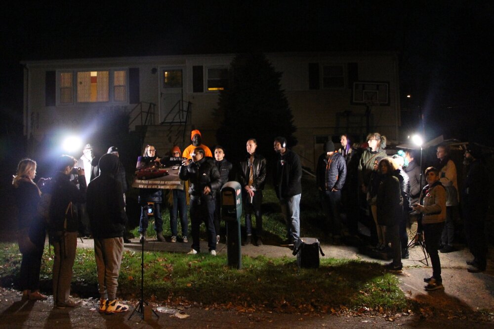 Protesters standing in front of Mayor Curt Leng’s house, Smith Dr., Hamden. Photo by Bryan Proctor.