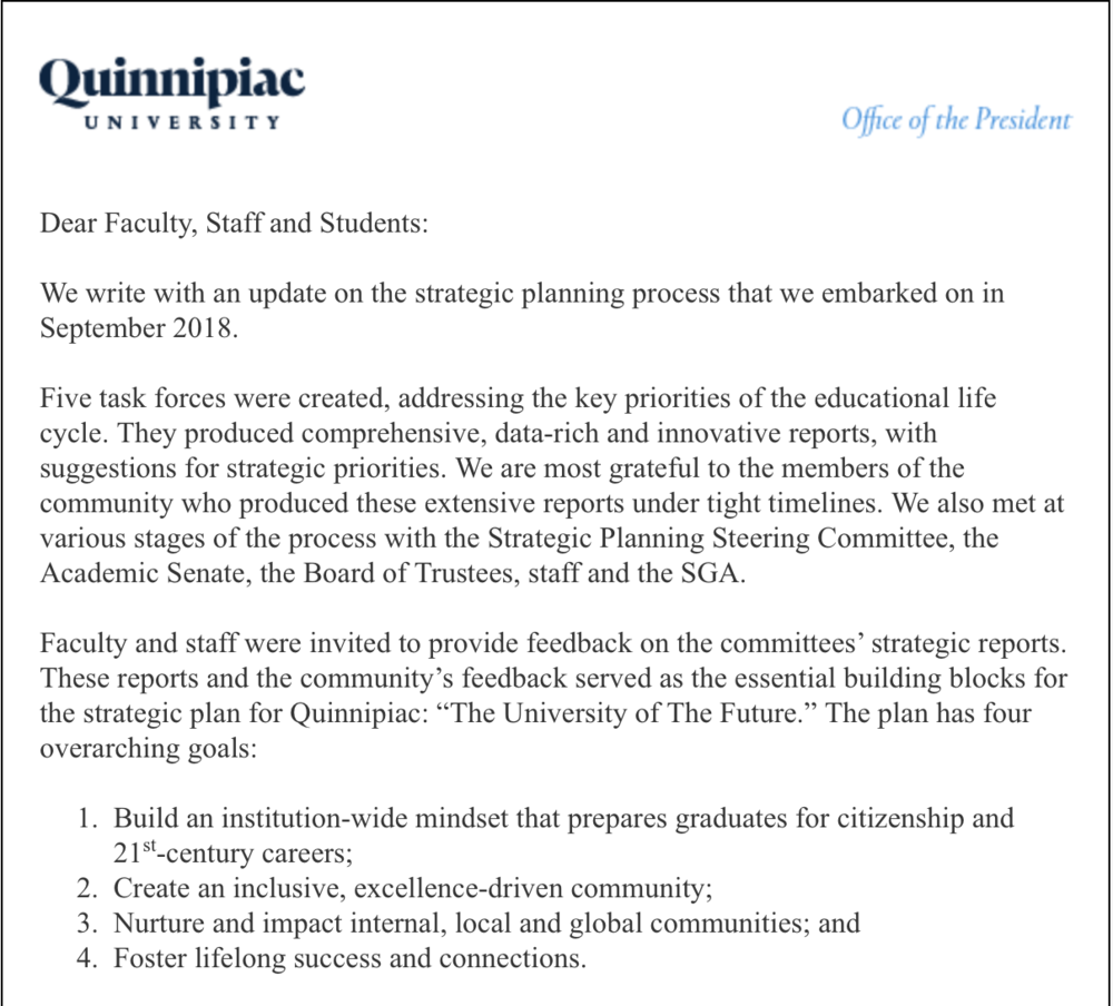 An e-mail from Olian sent to faculty, staff and students on Jan. 29 regarding the strategic plan.