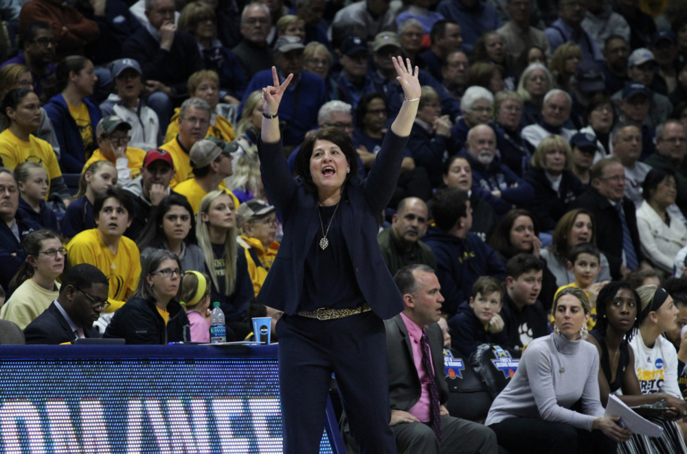 Tricia Fabbri on the sidelines of Quinnipiac women’s basketball NCAA tournament game against UConn in 2018. Photo Courtesy: Liz Flynn/ Quinnipiac Bobcats Sports Network