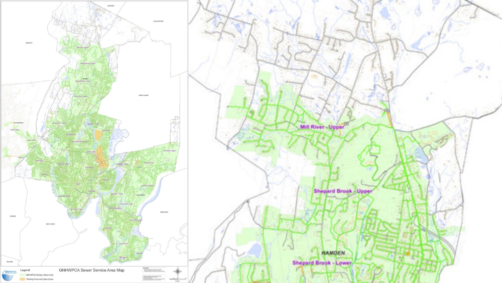 Green areas are connected to the sewer. On the map on the right, the area north of “Mill River” is all on septic.