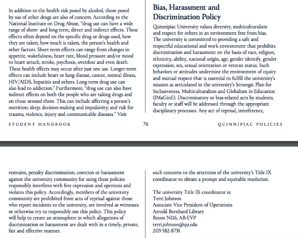 The Bias, Harassment and Discrimination Policy in the Undergraduate Student Handbook