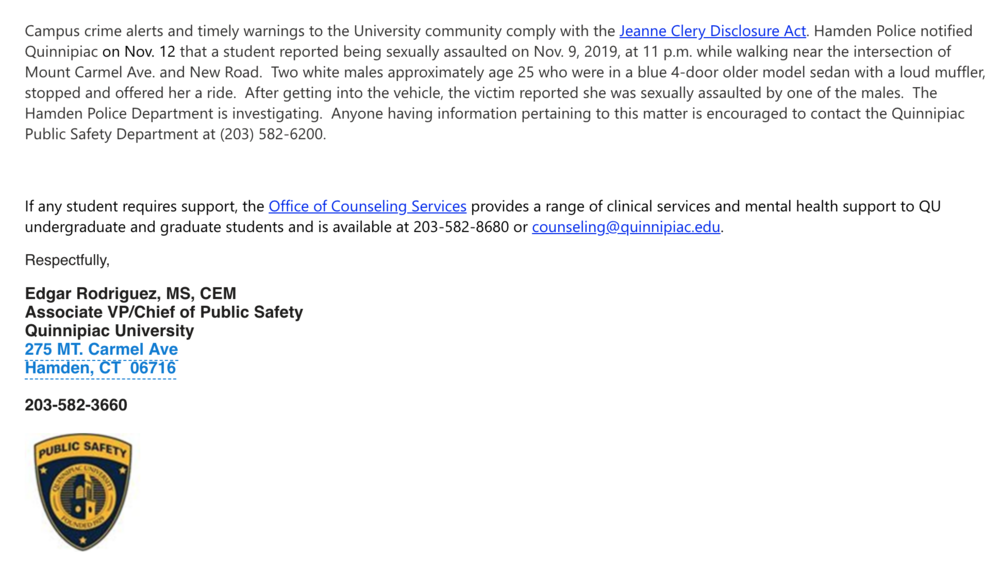 Timely warning e-mail from Quinnipiac University Chief of Public Safety Edgar Rodriguez