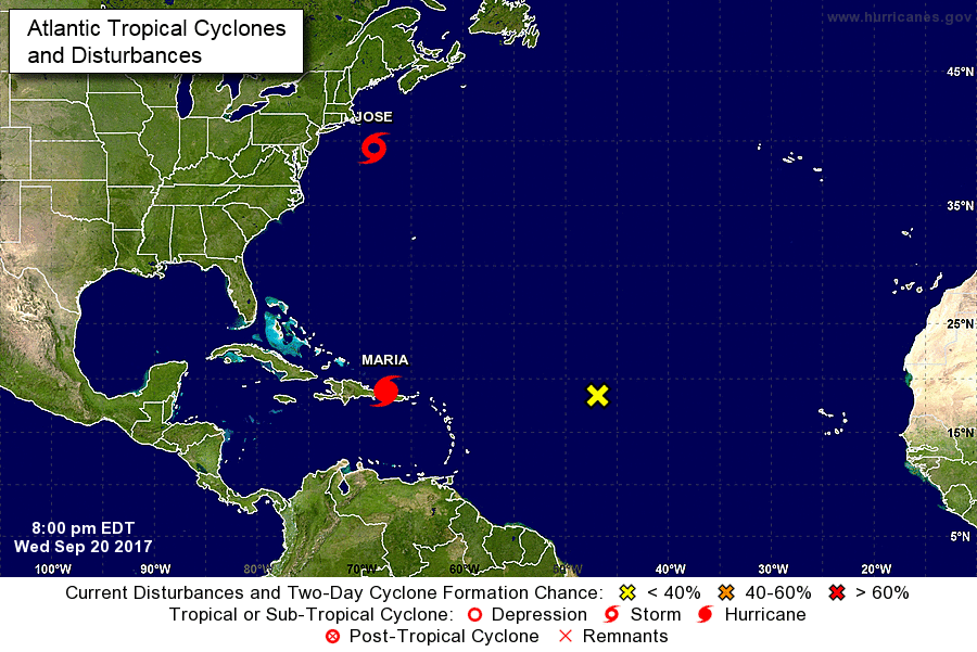 A map of Hurricane Maria hitting Puerto Rico and of Tropical Storm Jose approaching the northeastern United States, via NOAA.