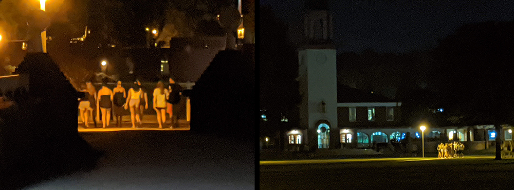 Students walk and gather in groups with mixed mask usage on Quinnipiac University's campus on the evening of Monday, Aug. 24. Despite the signs and warnings posted around campus, many groups of students can be seen without masks.