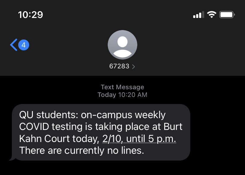 Quinnipiac University's text alert system reminds students the status of weekly testing. Screenshot by Jensen Coppa.