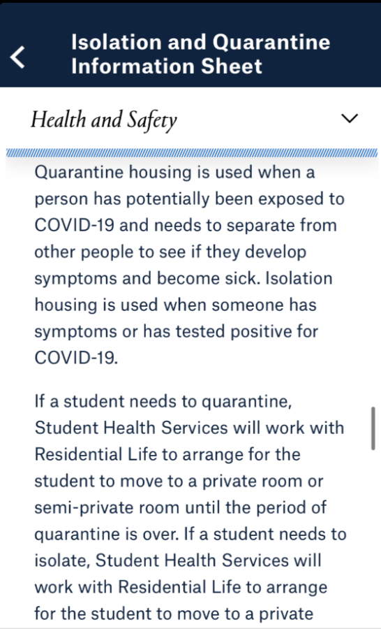 Screenshot of Quinnipiac University's COVID guidelines about quarantining and isolating. For more information visit https://www.qu.edu/health-wellness-and-safety/covid-19-resources/