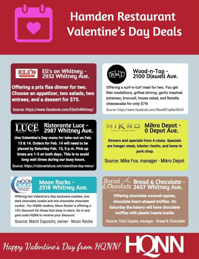 Hamden restaurants are offering deals for meals and desserts on Valentine's Day. Graphic by Andrew Meyers.