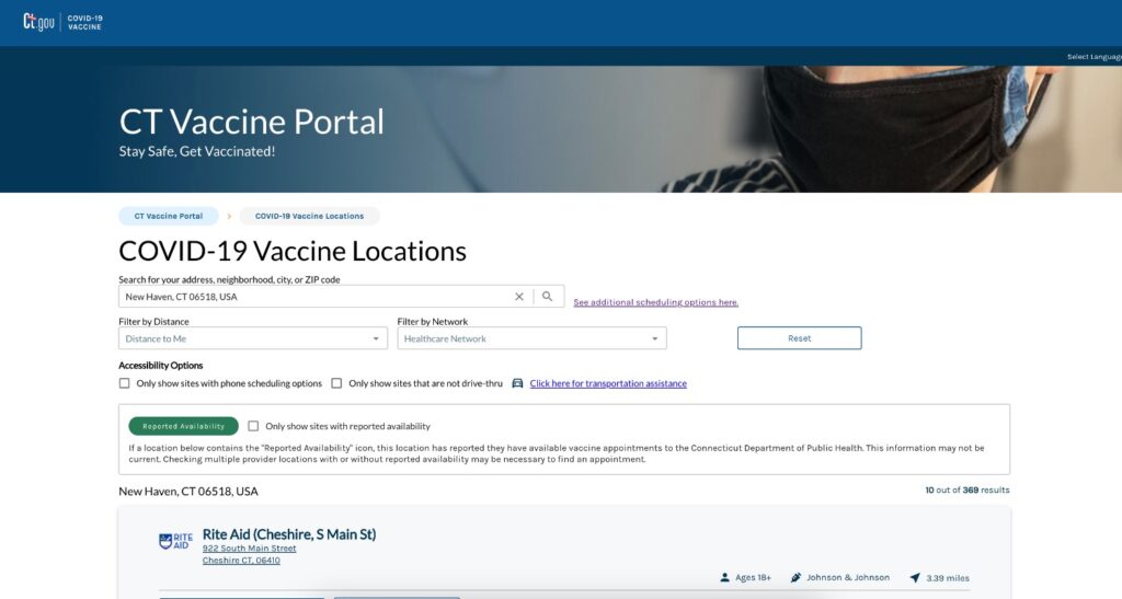 Screenshot of the CT Vaccine Portal website.
