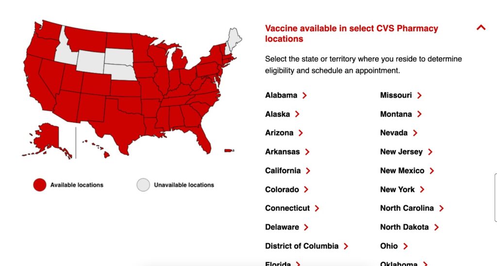 Screenshot of the CVS website showing vaccine availability.