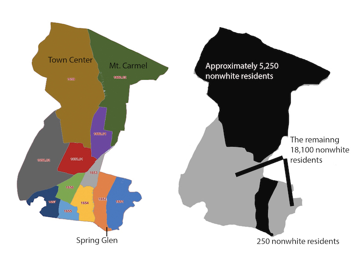 This map shows that the non-white communities in Hamden are concentrated to the south.