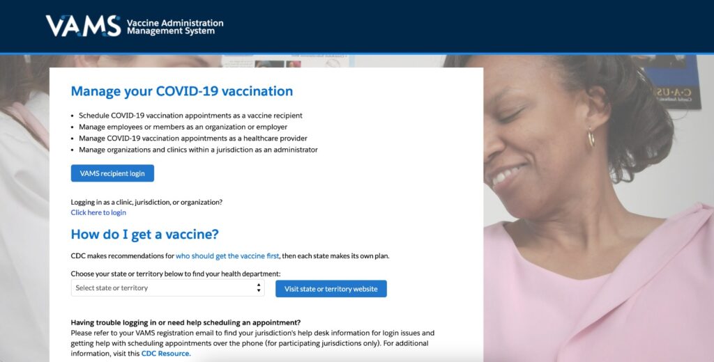 Screenshot of the VAMS website where you can log in to find a vaccine or find your states own website.