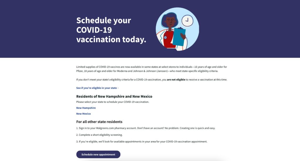 Screenshot of the vaccine scheduling page on the Walgreens website.