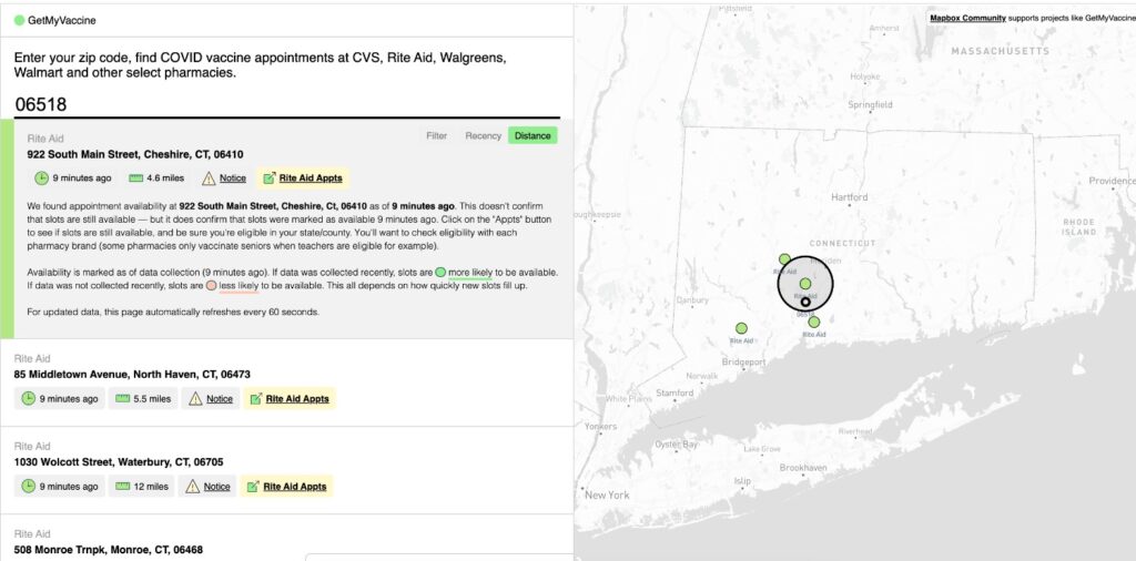 Screenshot of the Getmyvaccine.org results for the 06518 zip code. Margolin recommends others use the website to search for available appointments.