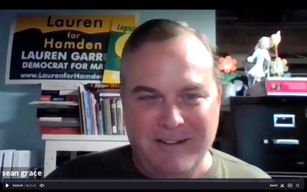 Sean Grace, chair of the Hamden Democratic Town Committee, believes that Lauren Garrett's strong campaign earned her the DTC's nomination. Screenshot from Zoom. 