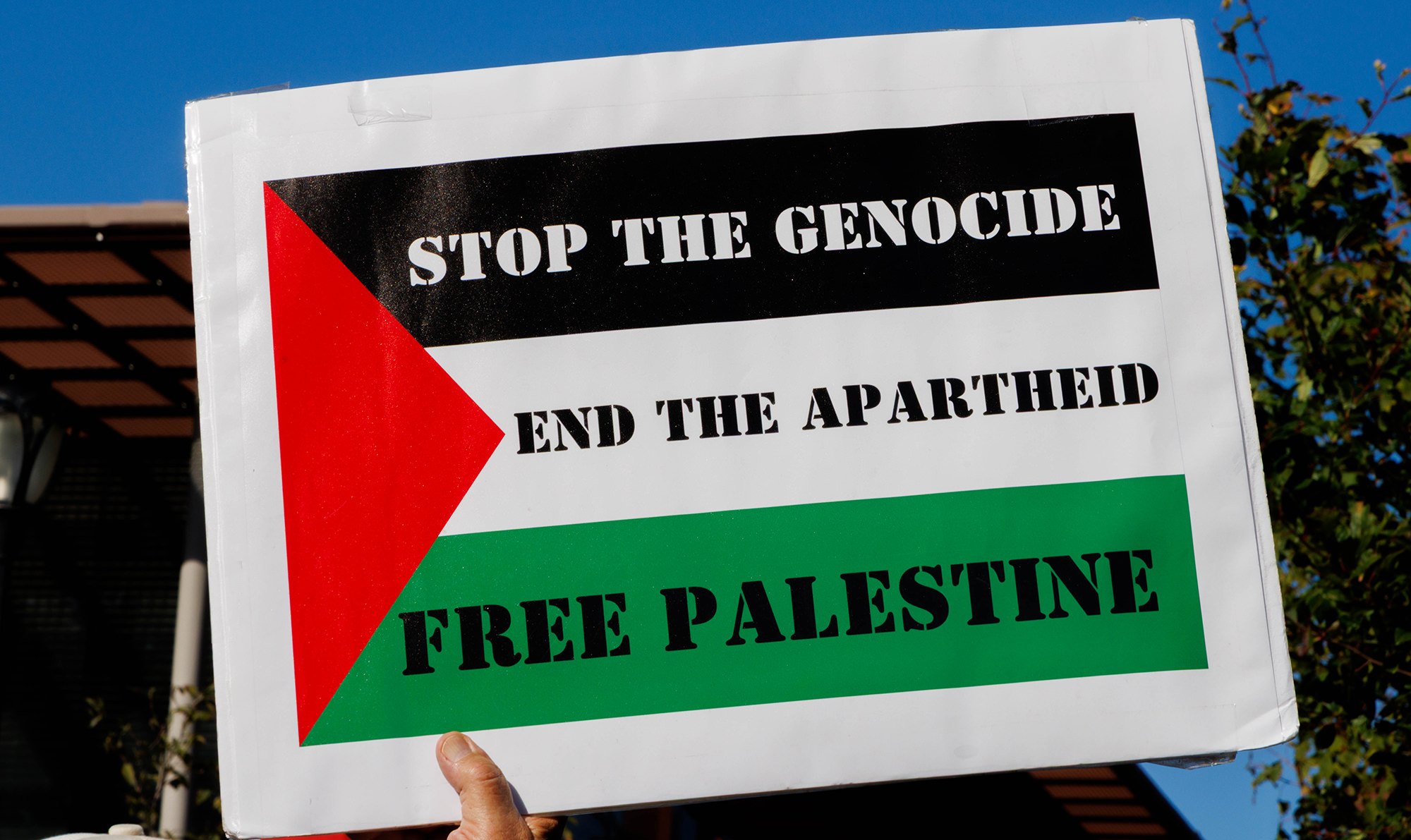 A sign from the Oct. 5, 2023 pro-Palestine rally on the New Haven Green. Photo by Tony Rodriguez.