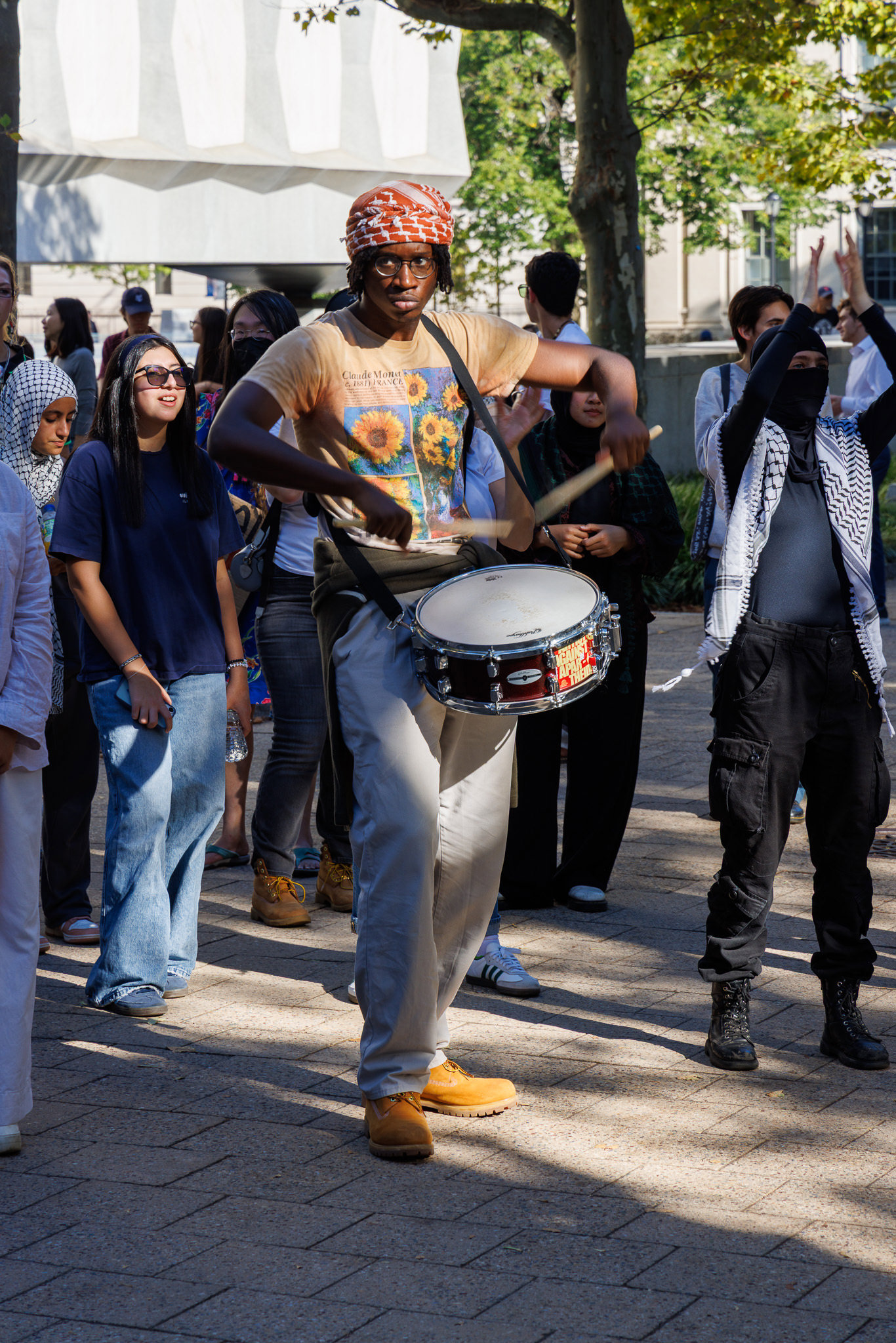 A drummer performs at the Oct. 5, 2023 pro-Palestine rally on the New Haven Green. Photo by Tony Rodriguez.
