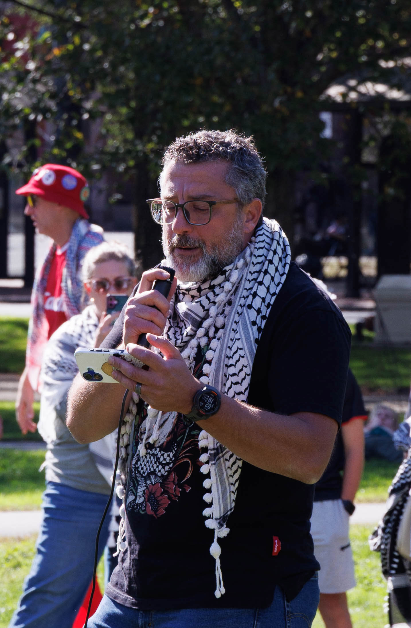 Ahmed Abdelmageed, a Muslim Palestinian-American born and raised in the Middle East, gave a speech at the Oct. 5 pro-Palestine rally on the New Haven Green. Photo by Tony Rodriguez.