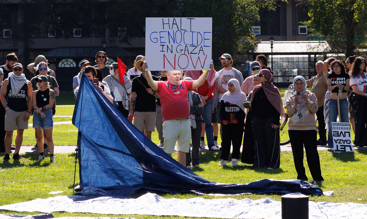 Pro-Palestinian activists march on New Haven Green during a protest on Oct. 5, 2025. Photo by Anthony Rodriguez.