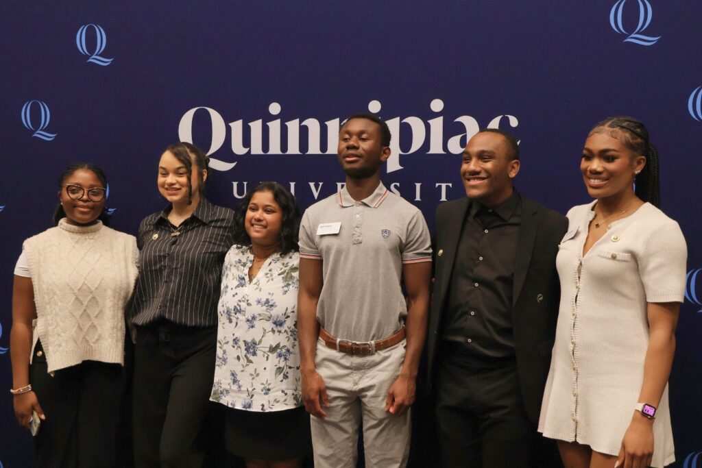 Quinnipiac BIPOC Caucus 2026, from left: Scarlet Kelly, sophomore; Yahailey Montanez, sophomore; Adhira Arun, junior; Nii Sykes, junior; Joseph "JJ" Saunders Jr., sophomore; and Kiera Baxter, sophomore. Hannah Freshman/HQNN
