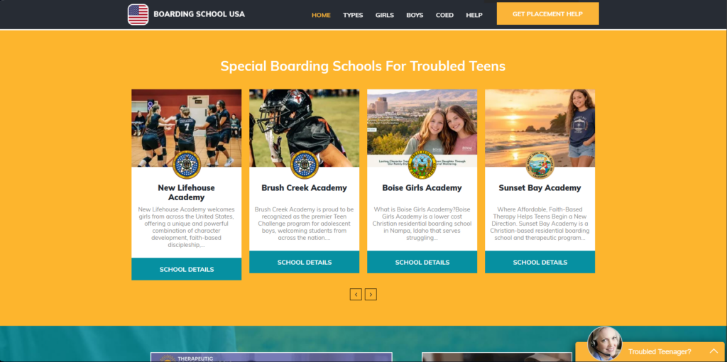 A screenshot of Boarding School USA's website advertising "Special Boarding Schools For Troubled Teens." The screen has four different boarding schools (L-R): New Lifehouse Academy, Bush Creek Academy, Boise Girls Academy and Sunset Bay Academy. 