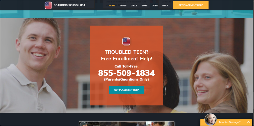 Screenshot of Boarding School USA's website. Centered in the screen is an orange square with white text that reads "TROUBLED TEEN? Free Enrollment Help!" with a phone number. 